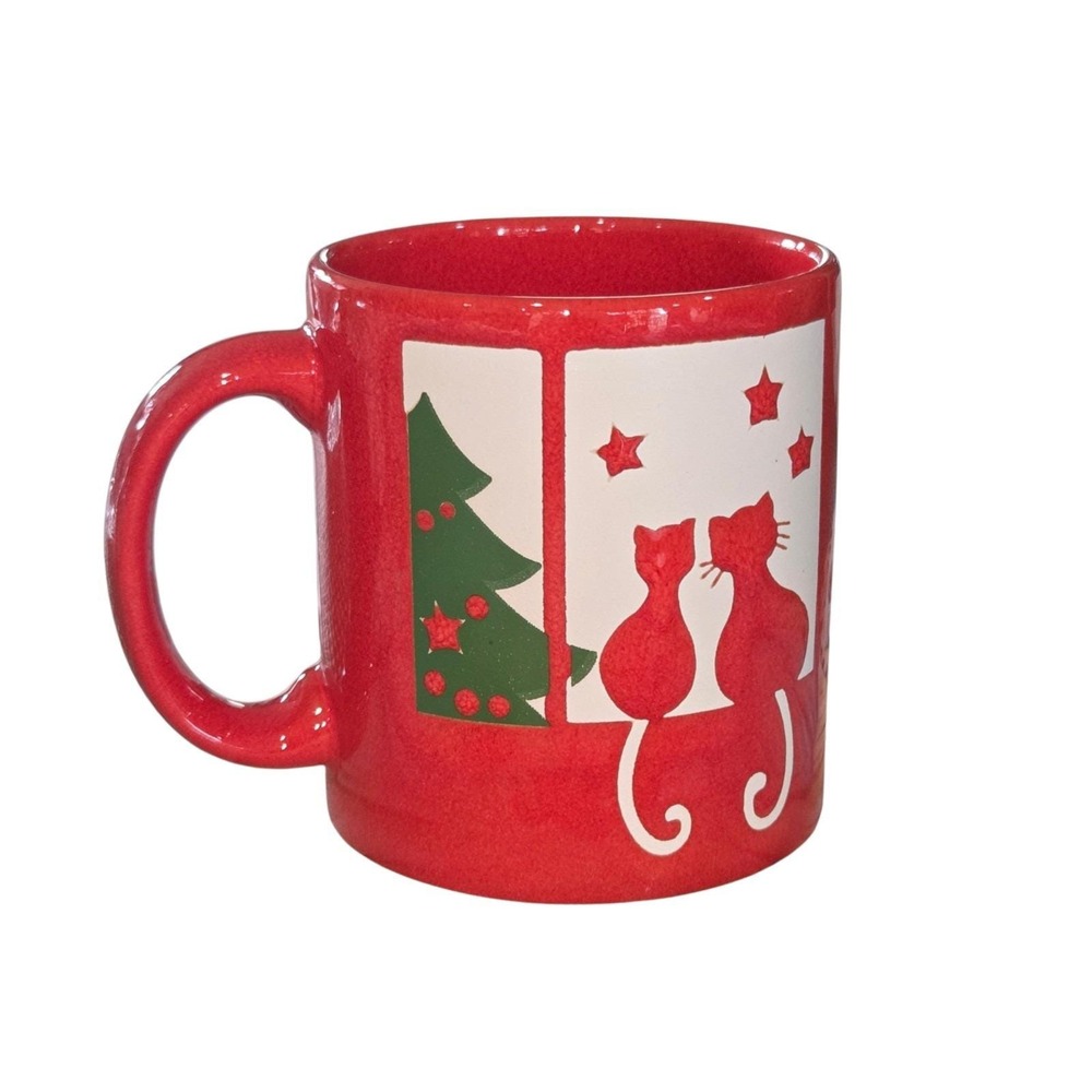 Waechtersbach Germany Vintage Red Holiday Coffee Mug 12oz Cats in The Window